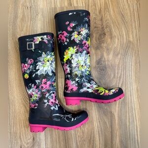 Joules Welly Floral Print Tall Rain Boots Size 5 EUC
